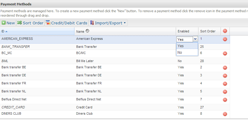 Enable payment methods by selecting yes
